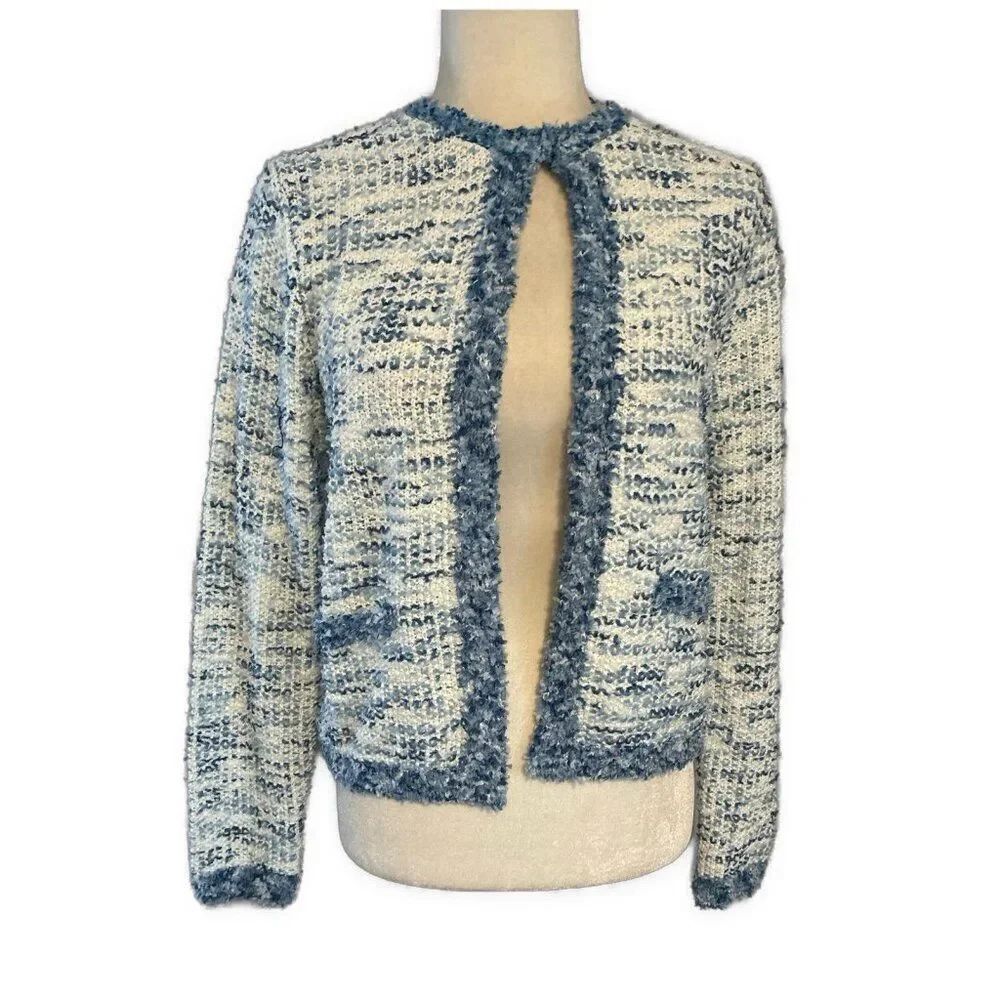 Broadway 38 Women’s Blue White Long Sleeve Knit Cardigan Sweater Small